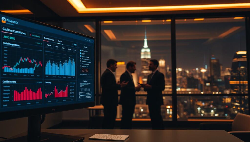 A corporate office interior, dimly lit with warm ambient lighting. In the foreground, a computer screen displays a cryptocurrency exchange dashboard with charts, graphs, and compliance data. In the middle ground, a team of professionals in formal attire reviews financial reports and discusses regulatory guidelines. In the background, a large window overlooking a cityscape at night, symbolizing the global reach of cryptocurrency operations. The overall atmosphere conveys a sense of meticulous attention to detail, security, and professionalism in the field of cryptocurrency compliance.