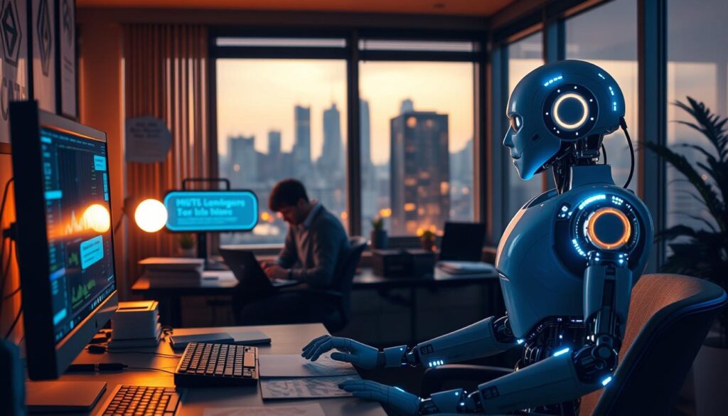 A cozy office scene with a desk and computer, illuminated by warm, diffused lighting. In the foreground, a cryptocurrency chatbot conversing with a user, the natural language processing algorithms visible as glowing data streams. In the middle ground, a developer intently studying code on their laptop, surrounded by reference materials. The background features cityscape views through a large window, hinting at the global reach of the cryptocurrency industry. The overall atmosphere is one of focused, collaborative innovation in the service of customer support.