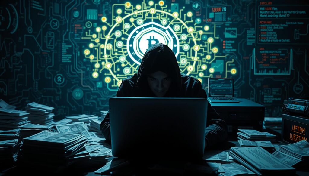 A crisp, high-resolution image of a dark, shadowy figure hunched over a laptop, surrounded by piles of cash, banking records, and cryptocurrency hardware. The figure's face is obscured, casting an ominous presence. In the background, a maze of tangled financial ledgers, glowing blockchain diagrams, and blinking transaction logs create a complex, intimidating landscape. The lighting is low and dramatic, casting long shadows that heighten the sense of secrecy and deception. The overall tone is one of unease and suspicion, reflecting the hidden world of cryptocurrency money laundering.