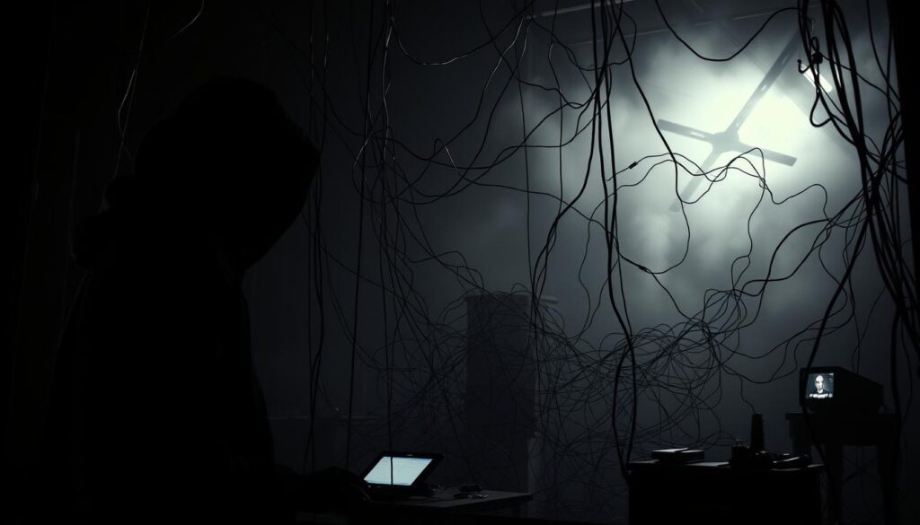 A dark and ominous scene depicting the sinister mechanisms of a cryptocurrency rug pull. In the foreground, a shadowy figure pulls the strings, manipulating the market with deceptive tactics. In the middle ground, a network of tangled wires and glowing screens symbolize the complex web of false promises and stolen funds. The background is shrouded in a hazy, foreboding atmosphere, suggesting the lurking danger and inevitable collapse of the scam. Dramatic chiaroscuro lighting casts sharp contrasts, creating a sense of unease and foreboding. The overall composition conveys the predatory nature of these schemes, luring in unsuspecting investors only to abruptly cut the rug from under them.