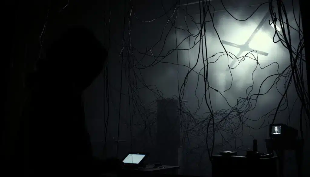 A dark and ominous scene depicting the sinister mechanisms of a cryptocurrency rug pull. In the foreground, a shadowy figure pulls the strings, manipulating the market with deceptive tactics. In the middle ground, a network of tangled wires and glowing screens symbolize the complex web of false promises and stolen funds. The background is shrouded in a hazy, foreboding atmosphere, suggesting the lurking danger and inevitable collapse of the scam. Dramatic chiaroscuro lighting casts sharp contrasts, creating a sense of unease and foreboding. The overall composition conveys the predatory nature of these schemes, luring in unsuspecting investors only to abruptly cut the rug from under them.