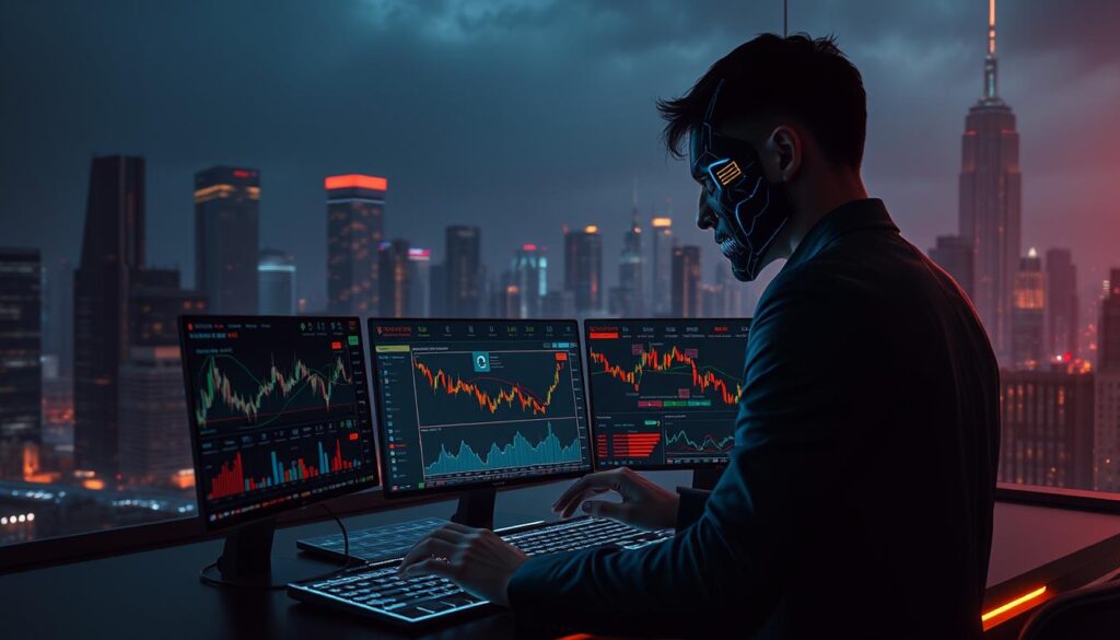 A dark, futuristic cityscape with skyscrapers and neon lights, illuminating a trading desk in the foreground. On the desk, multiple holographic displays showcase dynamic cryptocurrency charts, market data, and AI-generated trading signals. The trader, clad in a sleek, high-tech outfit, intently monitors the screens, their face half-obscured by the glow of the displays. In the background, a towering, faceless AI entity looms, its presence ominous yet alluring, hinting at the power of artificial intelligence in shaping the crypto trading landscape.