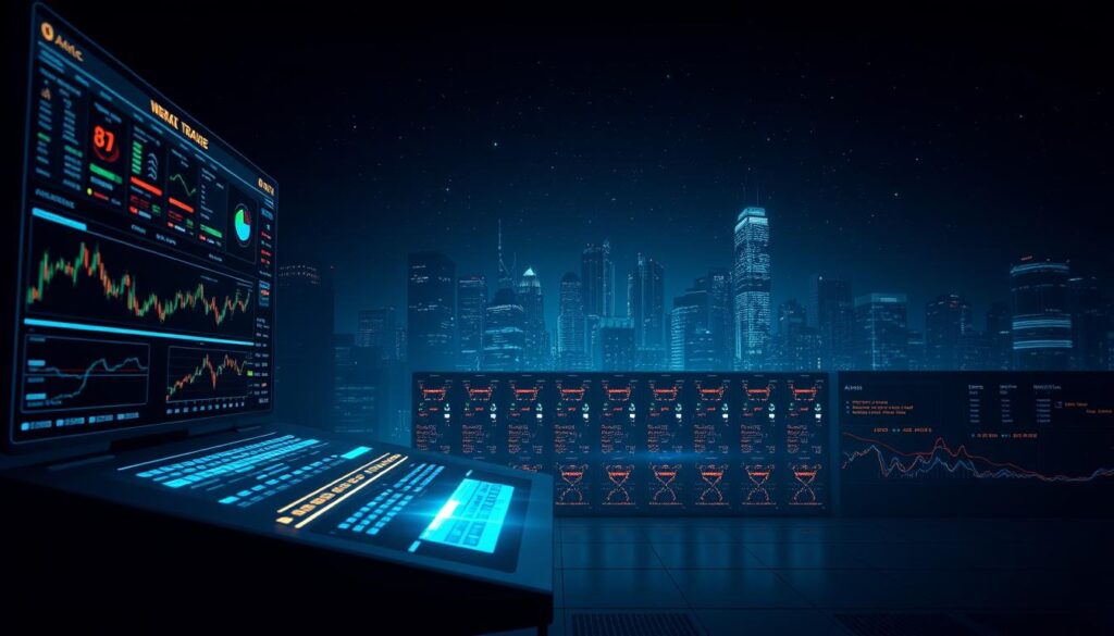 A dark, moody scene depicting an automated crypto trading system. In the foreground, a sleek, futuristic trading terminal with holographic displays and advanced analytics dashboards. Glowing lines and graphs visualize real-time market data and risk management algorithms. The middle ground features a cluster of high-performance servers humming with activity, their LED lights flickering in a mesmerizing pattern. In the background, a cityscape at night, skyscrapers silhouetted against a starry sky, symbolizing the global scale of the crypto markets. Dramatic lighting casts sharp shadows, creating a sense of power and precision. The overall tone is one of technological sophistication and controlled risk, reflecting the importance of robust automated systems in the volatile world of cryptocurrency trading.