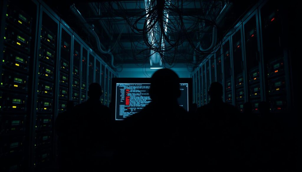 A dark server room filled with racks of blinking hardware, casting an ominous glow. In the foreground, a desktop computer with a glitchy, corrupted screen displaying sensitive data. Surrounding it, shadowy figures with malicious intent, their faces obscured. Overhead, a network of tangled cables and wires, symbolizing the vulnerabilities of centralized data systems. The atmosphere is tense, with an eerie silence and a sense of impending danger, highlighting the critical need for robust data security measures.