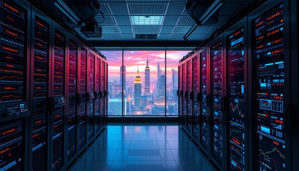 A data center filled with rows of sophisticated AI-powered crypto trading bots, their electronic brains whirring with complex algorithms. In the foreground, a sleek, silver-gray server rack houses the powerful processors that drive the automated trading strategies. The middle ground features a large holographic display, projecting real-time market data and analytical visualizations. In the background, a panoramic window overlooking a futuristic cityscape, where skyscrapers and holograms shimmer under the glow of a vibrant, neon-tinged night sky. The overall mood is one of technological innovation, financial efficiency, and the unstoppable march of AI-driven finance.
