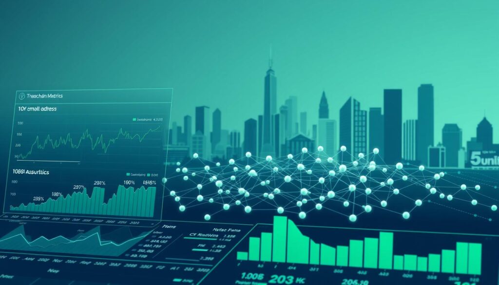 A data-driven financial analysis of cryptocurrency on-chain metrics, presented in a clean, modern style. The foreground features a series of interactive charts and graphs, displaying key metrics like transaction volume, wallet addresses, and network activity. The middle ground showcases a 3D representation of the blockchain, with nodes and connections visualizing the underlying data. In the background, a stylized cityscape with towering skyscrapers, suggesting the scale and significance of the cryptocurrency market. The overall composition conveys a sense of authority, insight, and technological sophistication, suitable for informing investment decisions.