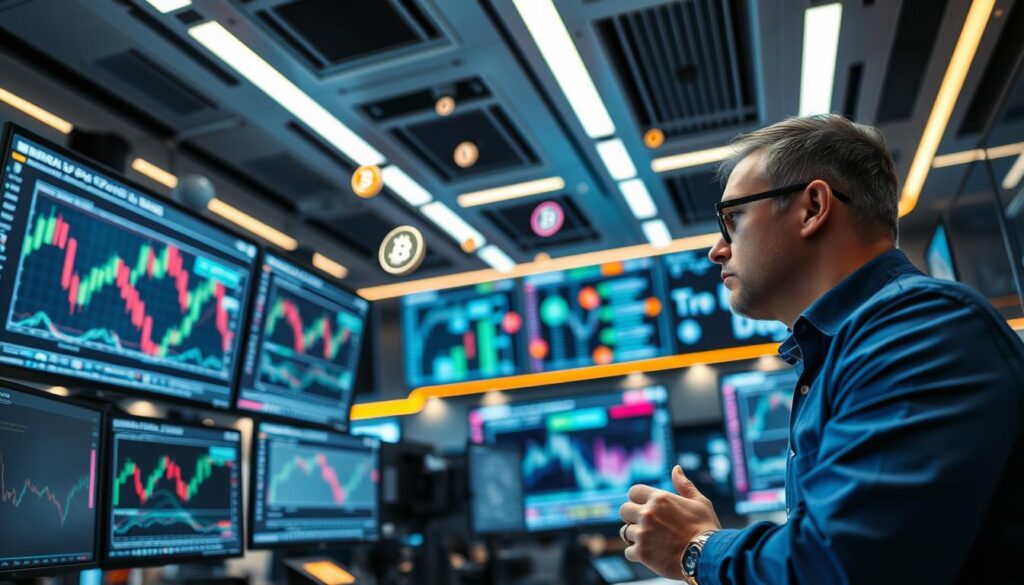 A data-driven trading floor with sleek monitors displaying candlestick charts, algorithms scanning for patterns, and crypto icons floating amidst the futuristic setting. The lighting is crisp and modern, with a soft glow emanating from the screens. In the foreground, a seasoned trader analyzes market trends, drawing insights from the wealth of data at their fingertips. The atmosphere conveys a sense of focus, expertise, and the pursuit of informed, strategic decision-making in the dynamic crypto landscape.