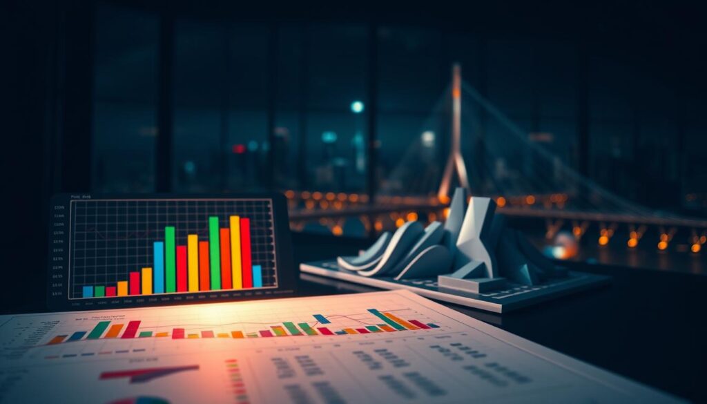 A data-driven visualization of quantitative risk analysis, shot with a wide-angle lens in a dimly lit, moody environment. In the foreground, a detailed risk matrix with colorful bars and graphs, illuminated by a directional light source. In the middle ground, a 3D model of a financial portfolio, its assets and allocations displayed in a sleek, minimalist style. In the background, a blurred cityscape with skyscrapers and bridges, suggesting the complex, interconnected nature of the financial world. The overall composition conveys a sense of analytical depth, strategic decision-making, and the importance of data-driven risk management.
