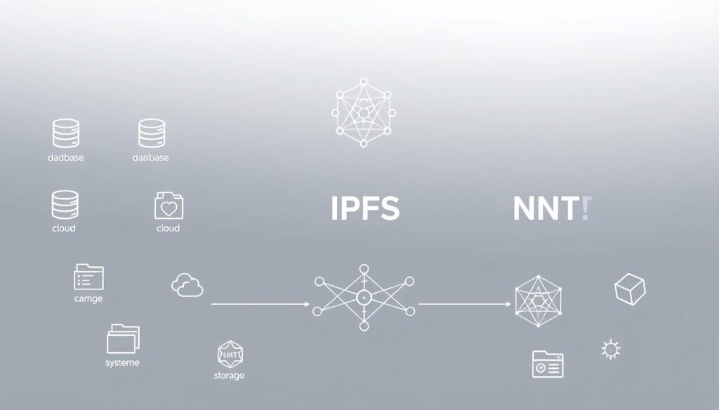 A data persistence strategy diagram rendered with a minimalist, technical aesthetic. In the foreground, various data storage solutions such as databases, file systems, and cloud storage are depicted with clean geometric shapes and icons. The middle ground showcases the IPFS protocol as a distributed file system, highlighted by a stylized network graphic. In the background, a subtle blockchain motif represents the secure, decentralized nature of the NFT metadata storage solution. The overall scene is illuminated by a soft, diffused lighting, creating a sense of clarity and professionalism befitting an informative technical illustration.