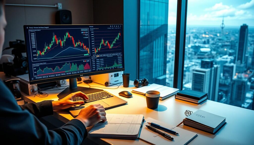 A data scientist's workspace, illuminated by the glow of a cryptocurrency chart displayed on a dual-monitor setup. In the foreground, a sleek, state-of-the-art laptop is open, its screen showcasing complex algorithms and statistical visualizations. Surrounded by an array of technical gadgets and reference materials, the analyst's hands hover over the keyboard, deep in concentration. The middle ground features an expansive desk, neatly organized with an array of notebooks, pens, and a cup of steaming coffee. In the background, a panoramic window offers a cityscape view, highlighting the integration of data science and the dynamic world of cryptocurrency trading.