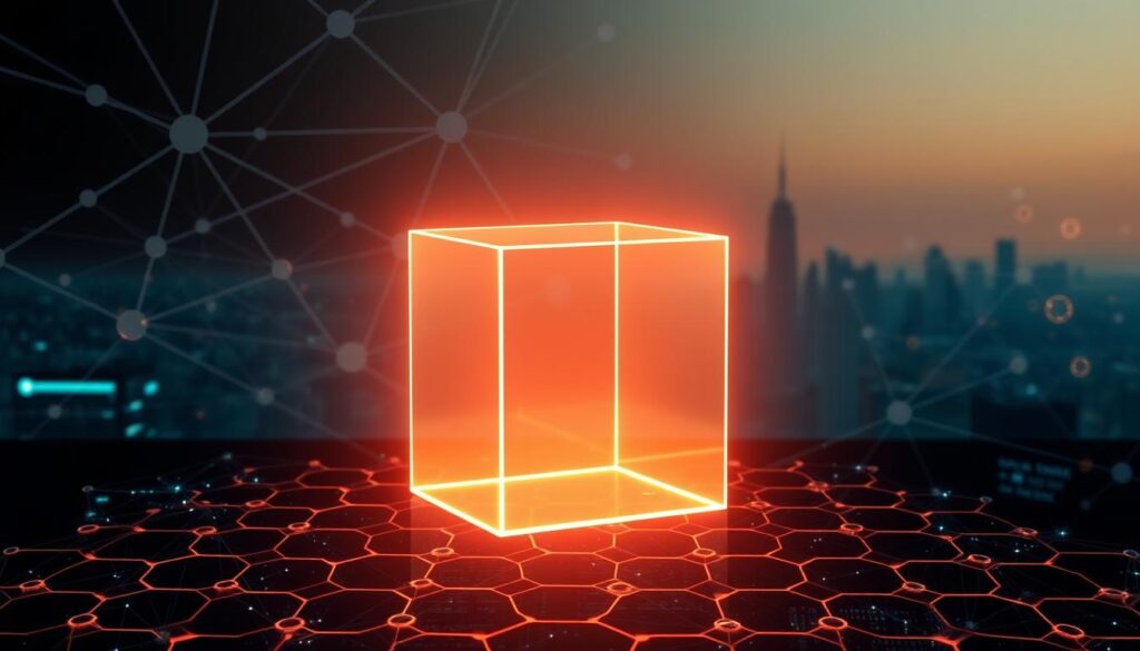 A decentralized blockchain ledger against a backdrop of interconnected nodes and data channels. In the foreground, a transparent cube representing a secure, distributed transaction record, illuminated by a warm, directional light. The middle ground features a grid of interlocking hexagons, symbolizing the network's cryptographic integrity. In the distance, a hazy skyline of skyscrapers, conveying the technology's enterprise-level applications. The overall atmosphere is one of technological sophistication, security, and the seamless flow of digital information.