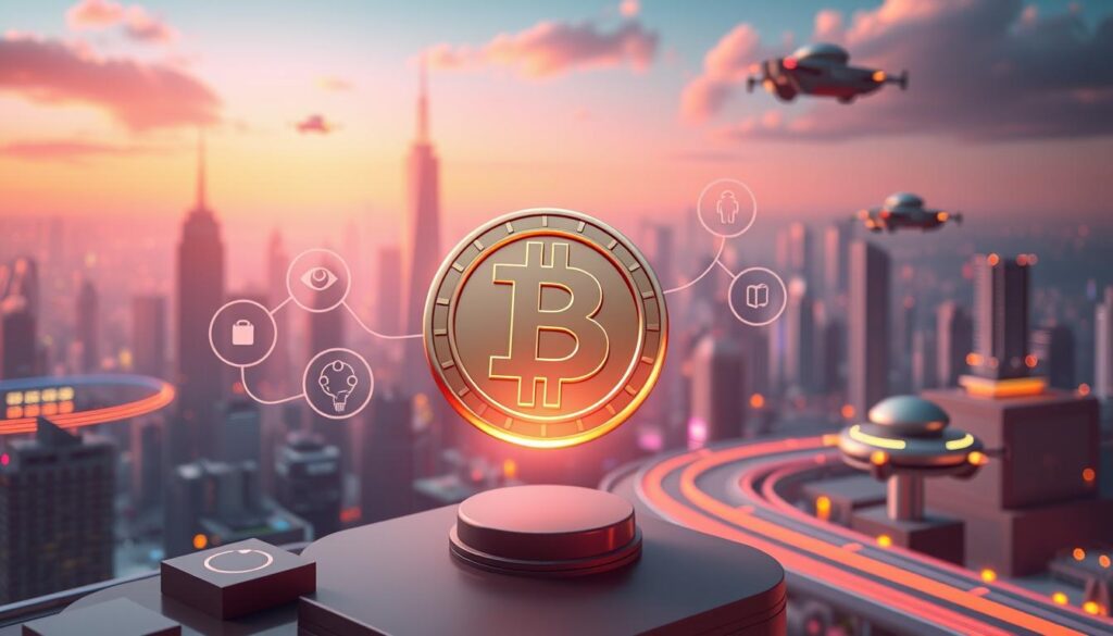 A detailed 3D illustration showcasing the benefits, challenges, and future opportunities of utility tokens. In the foreground, a glowing crypto token hovers, representing the core utility functionality. In the middle ground, various icons depict applications like access control, staking rewards, and governance voting. The background features a futuristic cityscape with skyscrapers and hovering vehicles, symbolizing the integration of utility tokens into the broader blockchain ecosystem. The lighting is dramatic, with vivid gradients and clean shadows, conveying a sense of innovation and progress. The camera angle is slightly elevated, providing an authoritative, bird's-eye perspective on the subject matter.