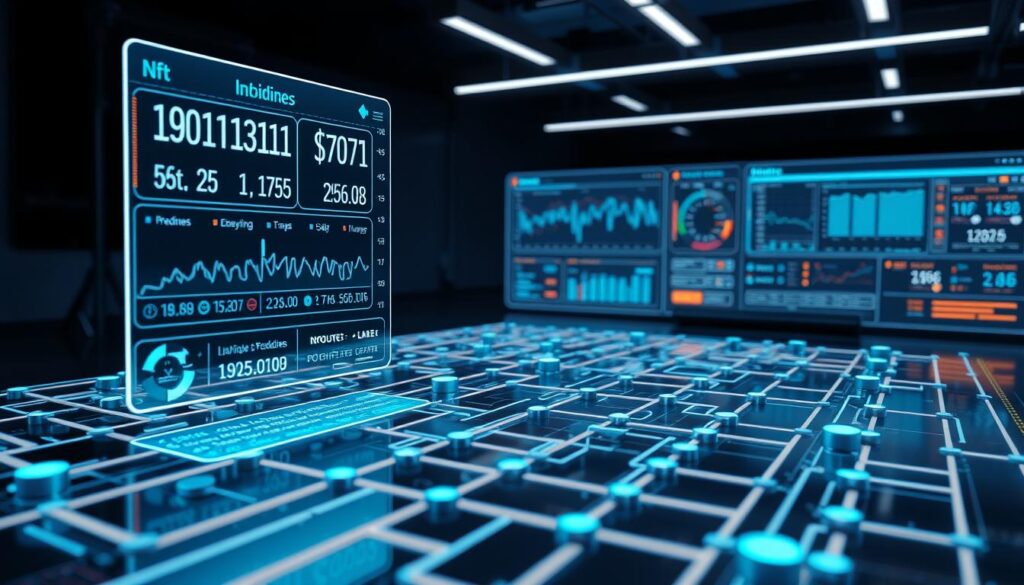 A detailed 3D render of an NFT trading model, showcasing a complex system of interconnected liquidity pools and automated market makers. The foreground features a transparent holographic display projecting real-time pricing data and trading volumes. The middle ground depicts intricate token swap algorithms and liquidity management protocols, visualized as a labyrinth of dynamic pathways. In the background, a sleek, minimalist interface with intuitive controls and analytics dashboards, bathed in a cool, futuristic lighting scheme. The overall scene conveys a sense of technological sophistication, precision, and the seamless integration of decentralized finance mechanisms powering the NFT ecosystem.