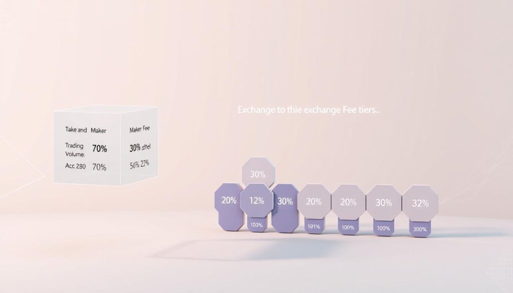 A detailed 3D rendered infographic depicting the exchange fee tiers for a cryptocurrency trading platform. The foreground shows a floating, transparent cube with clear labels for the different taker and maker fee percentages. The middle ground features a gradient grid of hexagonal tiles, each representing a specific trading volume or account tier. The background has a sleek, minimalist design with a gradient backdrop, subtle geometric patterns, and a soft lighting setup that casts dynamic shadows. The overall aesthetic conveys a sense of financial sophistication and technological innovation.