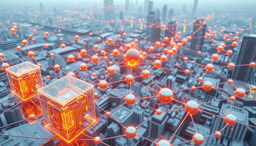 A detailed 3D rendering of a blockchain network, showcasing its fundamental components. In the foreground, smart contracts are visualized as transparent cubes with intricate internal circuitry, glowing with a warm, amber hue. The middle ground depicts a sprawling network of nodes, represented by spherical structures connected by vibrant, pulsating lines of code. The background features a futuristic cityscape, with skyscrapers and infrastructure blending seamlessly with the blockchain's decentralized architecture. The scene is illuminated by a soft, diffused light, creating a sense of depth and emphasis on the interconnectivity of the blockchain ecosystem.