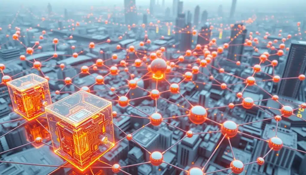 A detailed 3D rendering of a blockchain network, showcasing its fundamental components. In the foreground, smart contracts are visualized as transparent cubes with intricate internal circuitry, glowing with a warm, amber hue. The middle ground depicts a sprawling network of nodes, represented by spherical structures connected by vibrant, pulsating lines of code. The background features a futuristic cityscape, with skyscrapers and infrastructure blending seamlessly with the blockchain's decentralized architecture. The scene is illuminated by a soft, diffused light, creating a sense of depth and emphasis on the interconnectivity of the blockchain ecosystem.