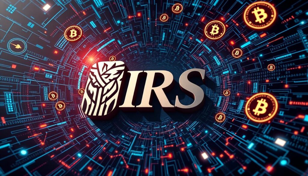 A detailed, cinematic image of the Internal Revenue Service (IRS) logo surrounded by a swirling vortex of cryptocurrency symbols and digital data. The logo is rendered in a metallic, three-dimensional style, casting dynamic shadows and highlights. The background features a complex mesh of blockchain-inspired geometric patterns, data streams, and glowing crypto tokens floating in a semi-abstract, neon-tinged environment. The overall composition conveys a sense of the complex interplay between cryptocurrency and the tax authorities, with an air of techno-futuristic sophistication.