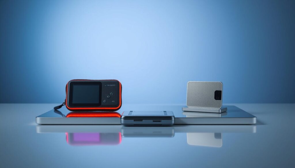 A detailed comparison of a hot wallet and a cold wallet displayed side-by-side on a sleek, minimalist table. The hot wallet, a compact, digital device, is illuminated with a warm, neon glow, symbolizing its constant connectivity. The cold wallet, a small, metallic hardware device, sits in contrast, emanating a cool, muted tone, representing its offline, secure nature. The table's surface reflects the devices, creating a sense of depth and balance. The background is a serene, gradient blend of blues and grays, evoking a professional, tech-savvy atmosphere. Crisp lighting from above casts gentle shadows, emphasizing the forms and textures of the wallets. The overall composition highlights the key differences between these two essential cryptocurrency storage solutions.