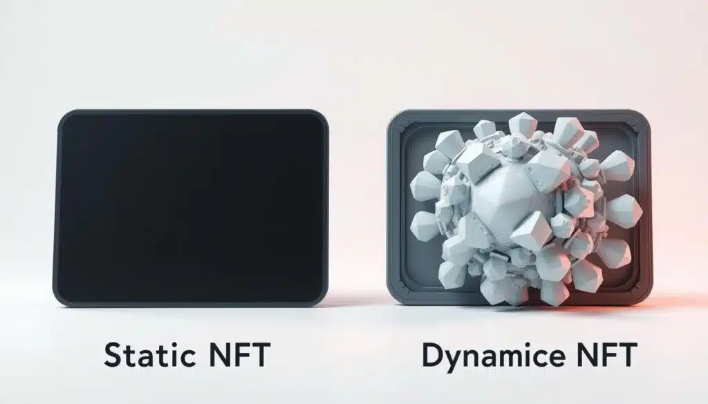 A detailed comparison of a static and dynamic NFT, showcased in a sleek, minimalist style. The static NFT is a simple, unchanging digital artwork, while the dynamic NFT is a multifaceted, evolving 3D model. The background is a clean, neutral gradient, allowing the NFTs to take center stage. Crisp lighting and a slightly tilted perspective give the scene a sense of depth and technical precision. The overall mood is one of clarity and focus, emphasizing the core differences between these two distinct NFT types. A detailed comparison of a static and dynamic NFT, showcased in a sleek, minimalist style. The static NFT is a simple, unchanging digital artwork, while the dynamic NFT is a multifaceted, evolving 3D model. The background is a clean, neutral gradient, allowing the NFTs to take center stage. Crisp lighting and a slightly tilted perspective give the scene a sense of depth and technical precision. The overall mood is one of clarity and focus, emphasizing the core differences between these two distinct NFT types.
