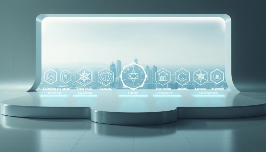 A detailed comparison of popular blockchain bridge platforms, showcased against a sleek, minimalist backdrop. In the foreground, a clean, well-lit platform with smooth, metallic surfaces and elegant architectural lines, representing the user interface and experience. In the middle ground, a series of glowing, holographic icons depicting the key features and capabilities of each bridge, such as cross-chain asset transfers, liquidity provision, and decentralized governance. In the distant background, a panoramic view of a futuristic cityscape, hinting at the broader blockchain ecosystem and the interconnectivity enabled by these bridge protocols. The overall mood is one of innovation, efficiency, and technological sophistication, reflecting the advanced nature of the subject matter.