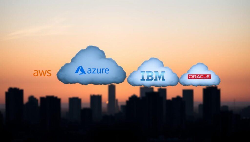 A detailed comparison of the leading cloud platforms AWS, Azure, IBM, and Oracle, showcasing their Blockchain as a Service (BaaS) offerings. The foreground depicts a floating cloud formation, each cloud representing a different platform, with their logos and distinctive visual identities. The middle ground features silhouettes of enterprise buildings, hinting at the corporate use cases for BaaS. The background is a soft, gradient sky, creating a sense of depth and professionalism. The lighting is soft and diffused, evoking a contemplative mood. The camera angle is slightly elevated, giving an overview of the scene and emphasizing the scale and significance of the cloud platforms.