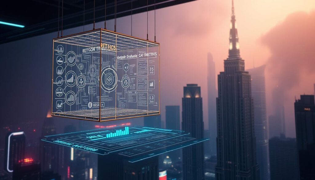 A detailed crypto evaluation framework suspended in a dimly lit, techno-futuristic environment. The framework hovers in the foreground, its intricate components and metrics illuminated by a soft, ambient glow. In the middle ground, a holographic interface displays analytical data and insights, while the background depicts a cityscape of towering, neon-lit skyscrapers shrouded in a hazy, cyberpunk atmosphere. The overall scene conveys a sense of precision, depth of analysis, and the complex, data-driven nature of evaluating emerging cryptocurrency projects.