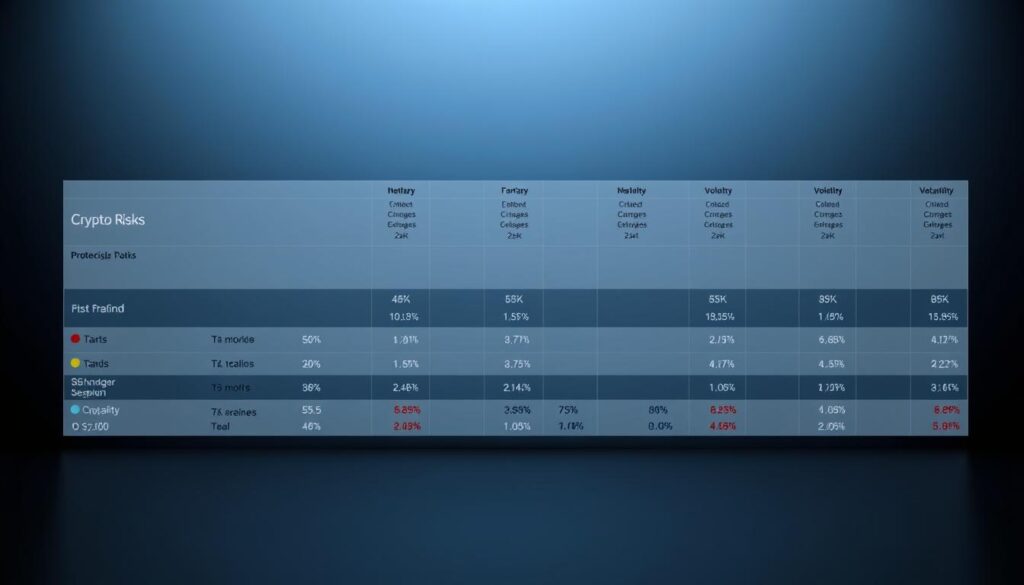 A detailed crypto risk assessment chart set against a sleek, minimalist backdrop. The foreground features a clear, data-driven infographic showcasing various risk factors and volatility metrics for different cryptocurrencies. The middle ground offers a clean grid layout with concise data visualizations, color-coded to convey risk levels. The background subtly blends shades of dark blue and charcoal, creating a professional, high-tech atmosphere. Soft, directional lighting casts an even glow across the scene, emphasizing the crisp data presentation. The overall aesthetic is one of informed decision-making, guiding the viewer through a comprehensive crypto risk assessment.