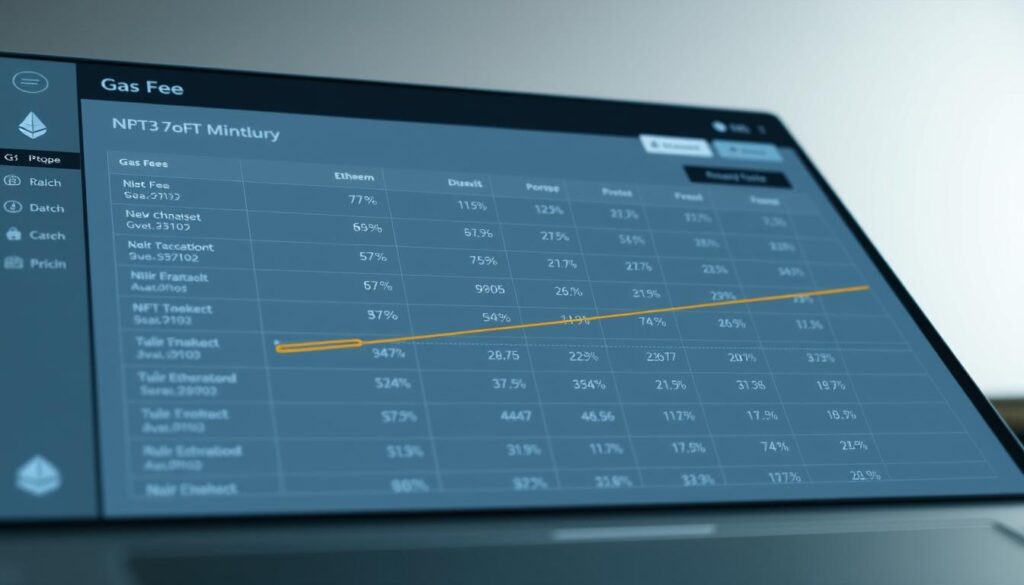A detailed, data-driven comparison chart depicting the gas fees associated with various Ethereum transactions, including NFT minting. The chart is displayed on a sleek, minimalist dashboard interface, with clean lines and a neutral color palette. The data is presented in a clear, easy-to-understand format, with labels and axis scales that provide context. The lighting is soft and diffused, creating a professional, authoritative tone. The camera angle is slightly elevated, giving the viewer a sense of control and mastery over the information. The overall mood is one of clarity, precision, and technical expertise, perfectly suited to illustrate the "Deep Dive: ERC-721A gas optimized bulk NFT minting smart contract implementation" section.