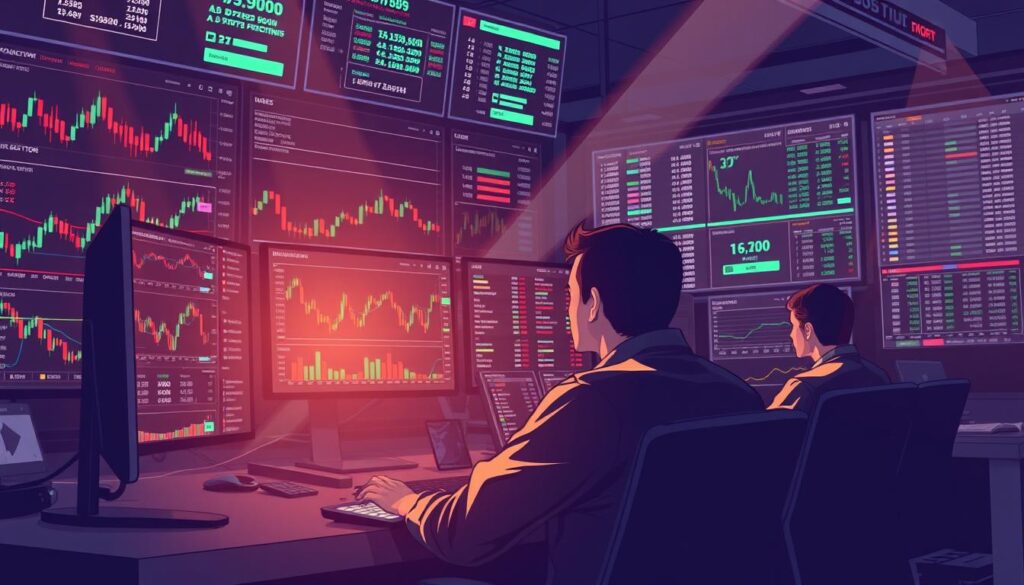 A detailed, data-driven illustration of crypto market maker activity analysis and order book depth interpretation. A busy trading desk with multiple monitors displaying candlestick charts, order books, and trading volume metrics. Traders in the foreground intently studying the data, with a sleek, high-tech aesthetic in muted tones. Bright, directional lighting illuminates the scene, casting dramatic shadows and highlighting the intense focus of the traders. The overall mood is one of analytical rigor and informed decision-making in the fast-paced world of cryptocurrency markets.