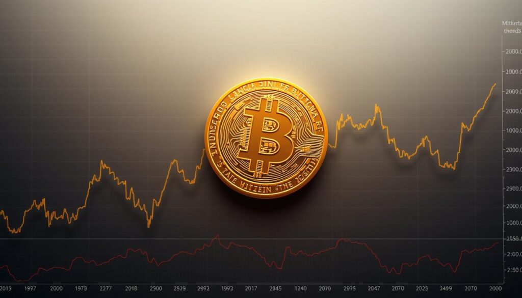 A detailed, data-driven visualization of Bitcoin's historical price trends, showcasing its cyclical market behavior. The foreground features a line graph depicting Bitcoin's price movements over time, with distinct peaks and valleys representing market cycles. The middle ground presents a series of financial indicators and technical analysis tools, such as moving averages and Fibonacci retracement levels, providing insights into market dynamics. The background is a sleek, minimalist design, with a subdued color palette that emphasizes the data-centric focus. The overall composition conveys a sense of analytical depth, inviting the viewer to explore the patterns and trends that have shaped the Bitcoin market's evolution.