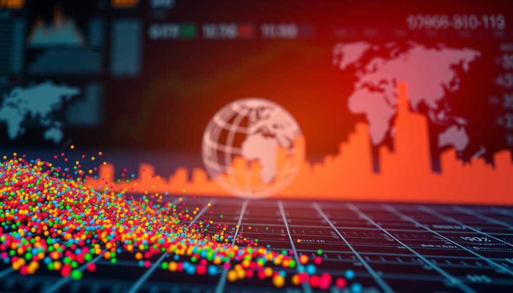 A detailed, data-driven visualization of correlation analysis methodology. In the foreground, a scatterplot matrix showcases the complex interplay of variables, with vibrant color-coded data points. In the middle ground, a correlation heatmap emerges, its gridlines and numeric values exuding an aura of statistical rigor. The background features a subtle wireframe globe, symbolizing the global economic landscape under examination. Warm, focused lighting illuminates the scene, creating a sense of depth and emphasizing the analytical nature of the image. The overall composition conveys the technical yet insightful essence of correlation analysis, perfectly suited to illustrate the "Methodological Approaches in Correlation Analysis" section.