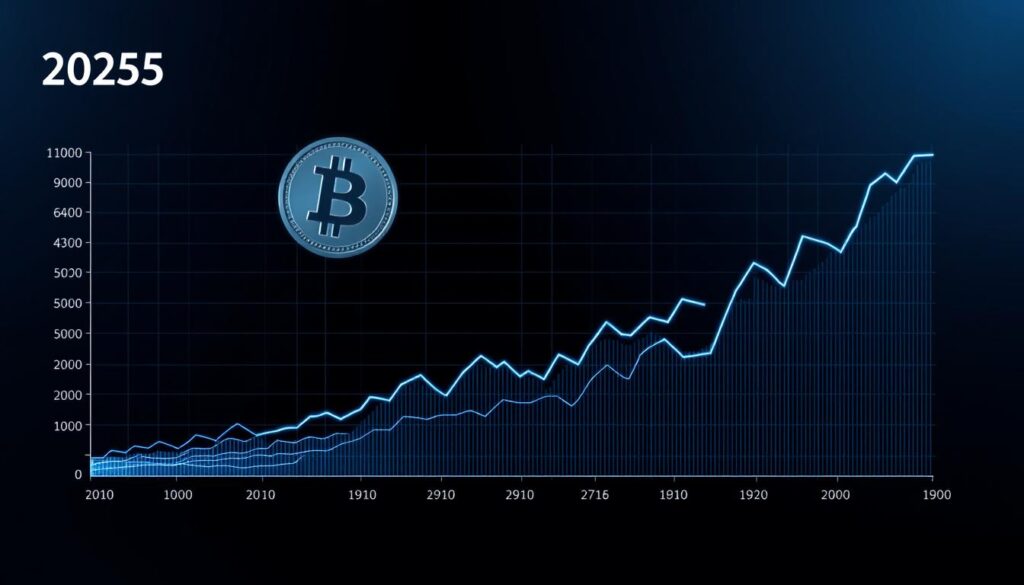 A detailed data visualization chart depicting the market dominance trends of Bitcoin and altcoins in the year 2025. The chart features a clean, minimalist design with a cool, futuristic color palette of blues, grays, and metallics. Crisp, high-resolution line graphs illustrate the shifting market shares over time, with clear demarcations for Bitcoin and the aggregate altcoin category. The charts are presented against a sleek, dark background, with subtle grid lines and axis labels providing context. Subtle 3D depth and dynamic lighting create a sense of depth and visual interest. The overall aesthetic is sophisticated, data-driven, and reflective of the fast-paced, technology-driven cryptocurrency market.