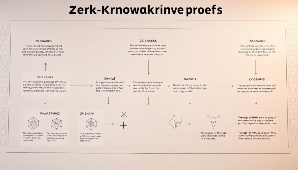 A detailed diagram showcasing the main types of zero-knowledge proofs, rendered in a clean, technical style. The foreground features prominent illustrations of ZK-SNARKs, ZK-STARKs, and other key proof systems, with clear visual distinctions. The middle ground includes concise textual labels and descriptions, while the background depicts a minimalist grid or network pattern, conveying the mathematical and cryptographic nature of the subject. The overall scene is illuminated by a warm, neutral lighting that accentuates the technical precision of the diagram. The composition is balanced and easy to navigate, optimized for educational and informational purposes.