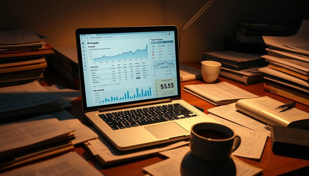 A detailed financial analysis of a cryptocurrency project, displayed on a laptop screen in a dimly lit workspace. The screen shows charts, graphs, and key metrics evaluating the project's fundamentals, including its whitepaper, team, roadmap, and token economics. The laptop is positioned on a cluttered desk, surrounded by scattered papers, reference books, and a cup of coffee, conveying a sense of deep research and thoughtful evaluation. Warm, muted lighting casts subtle shadows, creating an atmosphere of focus and contemplation. The overall scene suggests the careful, nuanced process of assessing the viability and potential of a crypto investment opportunity.