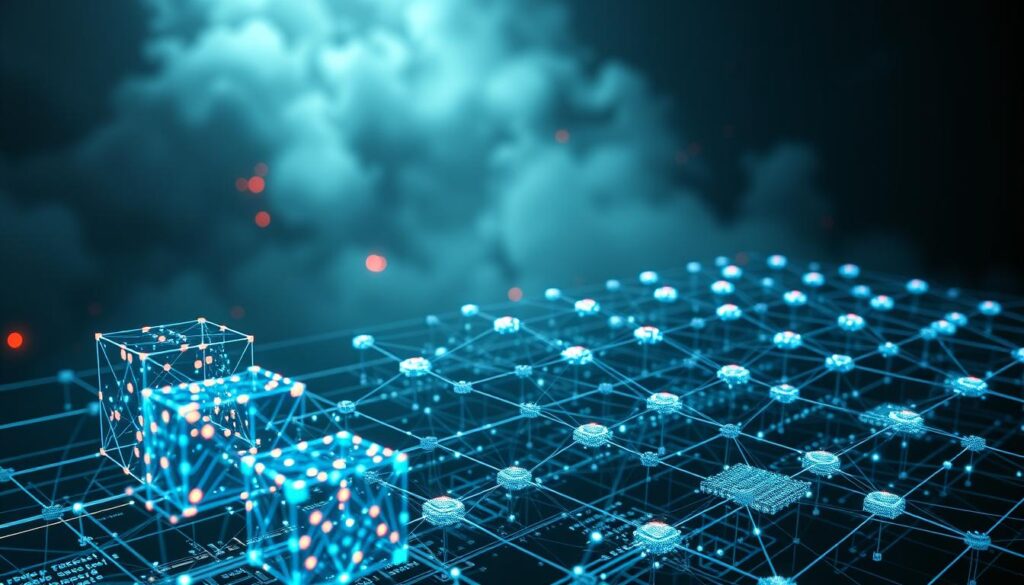 A detailed, highly technical diagram depicting the core components of smart contract functionality. In the foreground, a series of interconnected digital cubes represent the various contractual conditions and triggers, glowing with an intricate neon-like energy. In the middle ground, an abstract 3D mesh network visualizes the distributed, decentralized architecture, with nodes pulsing with data transmission. In the background, a hazy, holographic environment evokes a futuristic, high-tech setting, with subtle hints of blockchain technology and cryptographic elements. Dramatic cinematic lighting casts dramatic shadows, creating a sense of depth and complexity. The overall mood is one of sophisticated, cutting-edge technology underpinning the power of smart contracts.