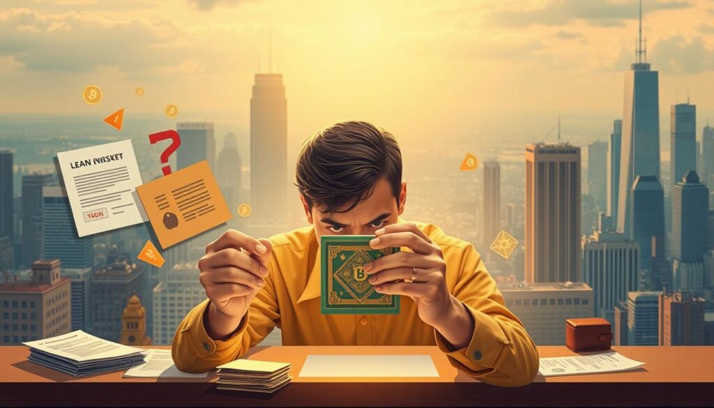 A detailed illustration of the benefits and risks of using NFTs as collateral for DeFi loans. The foreground depicts a person carefully examining an NFT, weighing the potential gains and losses. The middle ground shows various financial instruments, like loan agreements and cryptocurrency wallets, hinting at the complexity of the process. The background features a cityscape with skyscrapers, symbolizing the broader DeFi ecosystem. The lighting is warm and inviting, but with a slight sense of uncertainty, conveying the mixed emotions around NFT-backed lending. The composition is balanced, guiding the viewer's eye through the various elements of this innovative yet risky financial practice.