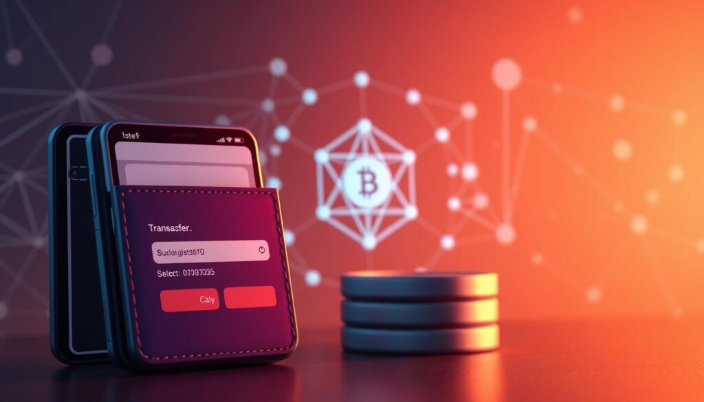 A detailed illustration of the steps involved in executing a cryptocurrency transaction. In the foreground, a digital wallet interface is prominently displayed, showing the transaction process unfolding - from initiating the transfer, selecting the recipient's address, and confirming the details. In the middle ground, a schematic representation of the blockchain network highlights the decentralized nature of the transaction, with nodes verifying and recording the activity. In the background, a subtle backdrop of geometric shapes and patterns evokes the technical complexity and cutting-edge technology powering the cryptocurrency ecosystem. The scene is illuminated by a warm, diffused light, creating a sense of seamless integration and functionality.