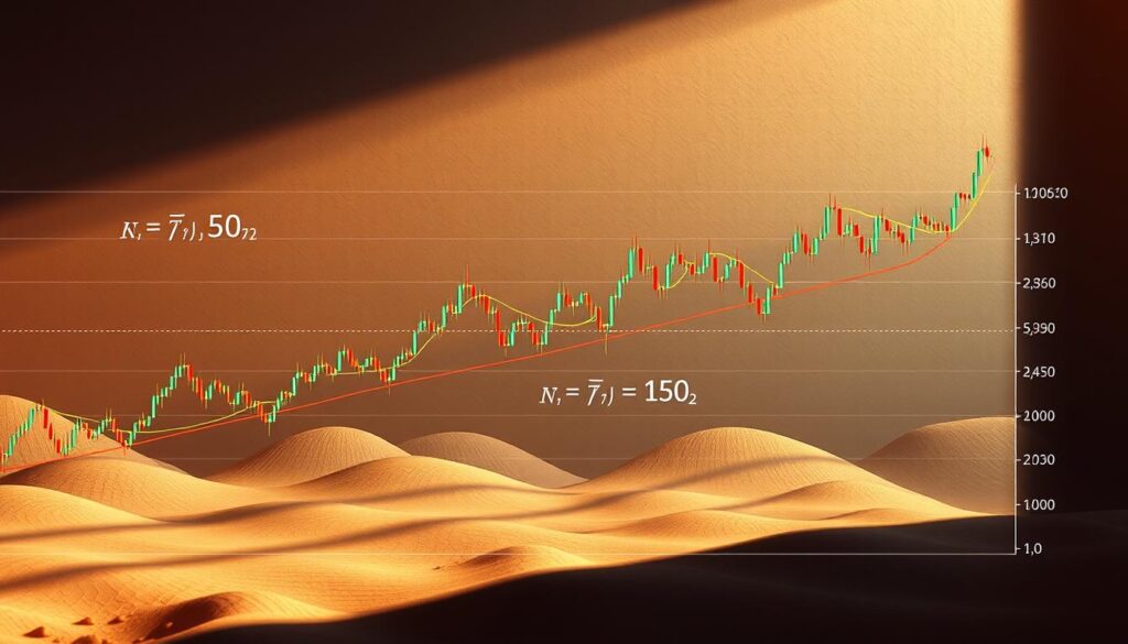 A detailed illustration of various types of moving averages used in cryptocurrency technical analysis. In the foreground, a clear chart showing different moving average lines overlaid on a cryptocurrency price graph, with distinct colors and weights to differentiate simple, exponential, and weighted moving averages. The middle ground features visualization of the mathematical formulas and data inputs that define these moving average calculation methods. In the background, a muted, textured digital landscape evokes the technical, analytical nature of the subject matter. Warm lighting from the side casts dynamic shadows, emphasizing the depth and three-dimensionality of the scene. The overall mood is one of authoritative, educational clarity about this important technical analysis tool.