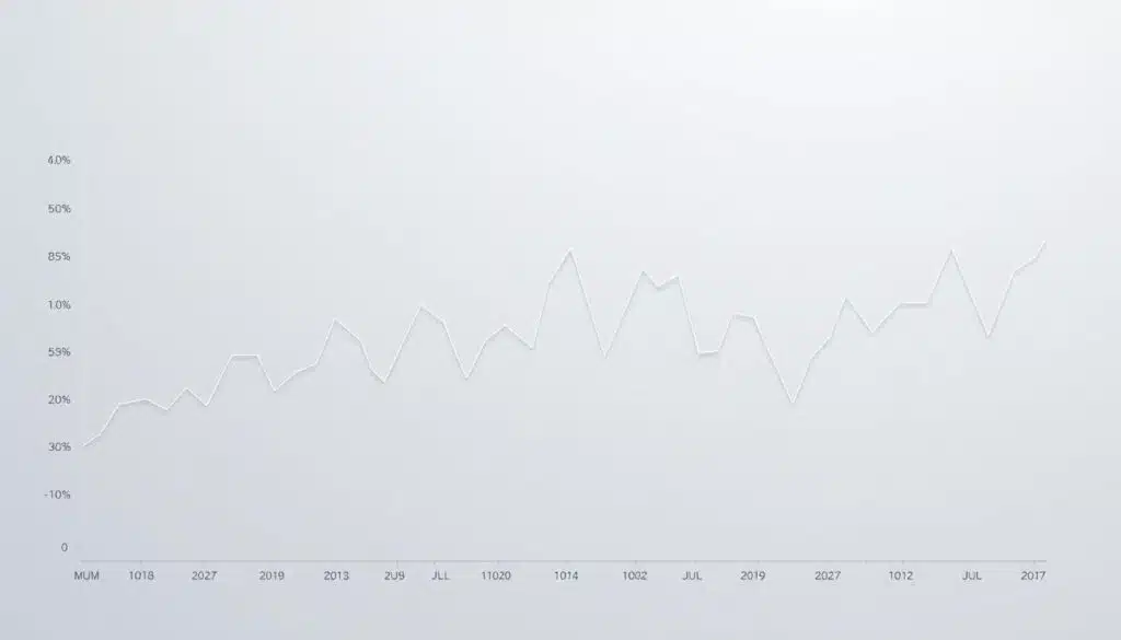 A detailed line chart depicting the monthly price trends of a cryptocurrency. The chart fills the frame, with a clean, minimalist background in soft grays and blues. The lines are rendered with precise, crisp edges, conveying a sense of data-driven analysis. The chart showcases a clear pattern of end-of-month price softness and day-of-month anomalies, visualized through peaks and valleys in the line movements. The colors are muted yet distinct, highlighting the cyclical nature of the price fluctuations. The overall mood is one of analytical focus, inviting the viewer to study the data and identify patterns. The lighting is neutral, with no harsh shadows or glare, allowing the chart to stand out clearly.