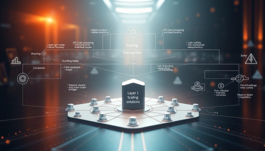 A detailed schematic of a layer 1 blockchain network architecture, showcasing its core scaling solutions. The foreground depicts a central blockchain node, surrounded by interconnected nodes that validate transactions and maintain the distributed ledger. The middle ground features various scaling techniques, such as sharding, off-chain processing, and consensus mechanisms, each represented by distinct visual elements. The background showcases the broader ecosystem, including user wallets, decentralized applications, and cross-chain bridges, all unified by a sleek, futuristic aesthetic. The scene is illuminated by a warm, ambient light, creating a sense of technological sophistication and innovation.