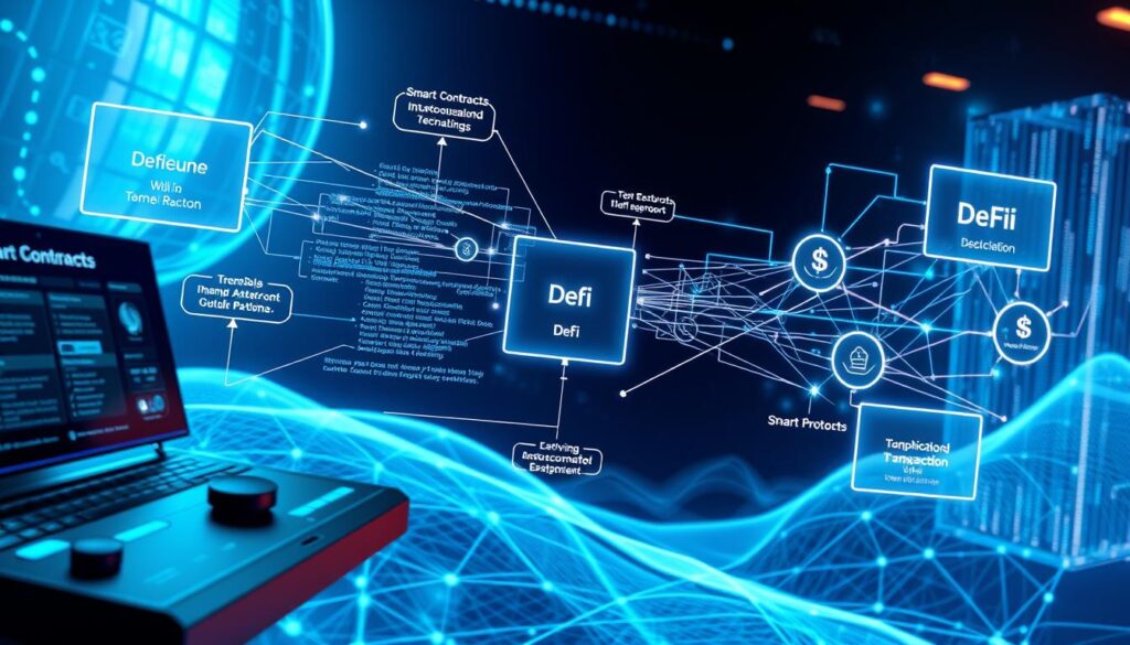 A detailed schematic of interconnected smart contracts, each representing a core DeFi protocol function. The foreground features a sleek, futuristic user interface with intuitive controls. In the middle ground, complex lines of code and blockchain transaction flows weave together, illuminated by a soft, blue-tinged lighting. The background showcases a ethereal, data-driven landscape, with holographic elements and subtle neon accents, conveying the dynamic, decentralized nature of DeFi. The overall mood is one of sophisticated technology, seamless user experience, and the synergistic power of smart contracts in the decentralized finance ecosystem.