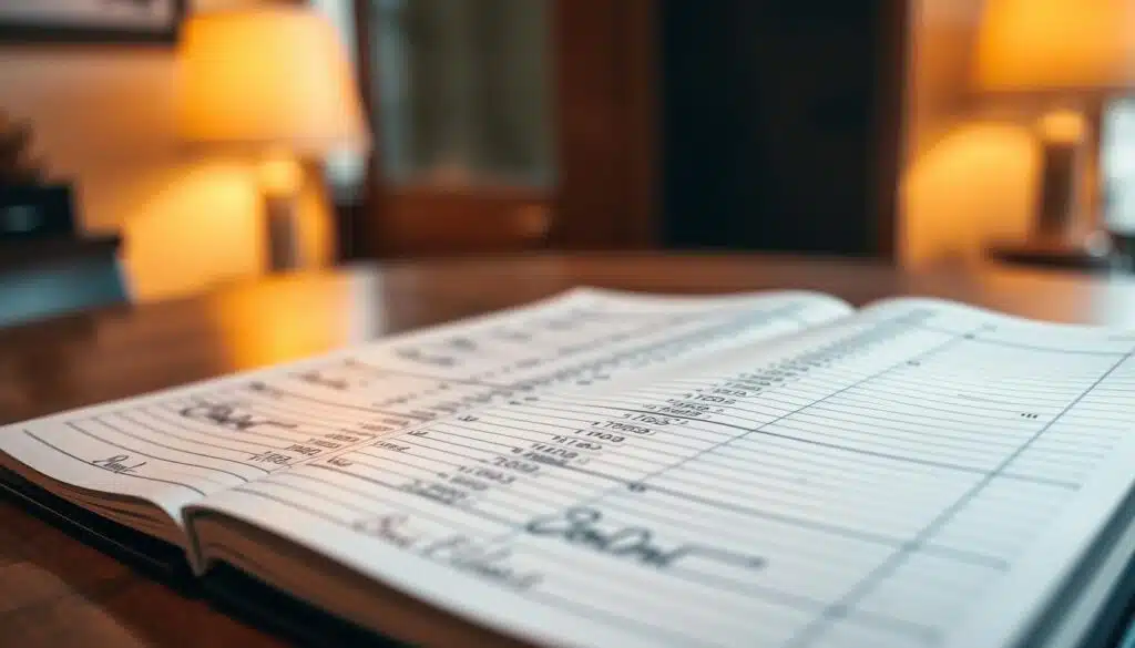 A detailed, sequential ledger displayed on a well-lit, wooden desktop. The ledger features intricate columns and rows, with finely-crafted pen strokes documenting financial transactions. The foreground showcases the ledger's pages, while the middle ground reveals the ledger's binding and cover, exuding a sense of precision and professionalism. The background blurs, emphasizing the ledger as the central focus, with soft, warm lighting illuminating the scene and casting gentle shadows. The overall mood conveys the meticulous nature of record-keeping, alluding to the core principles of blockchain technology.