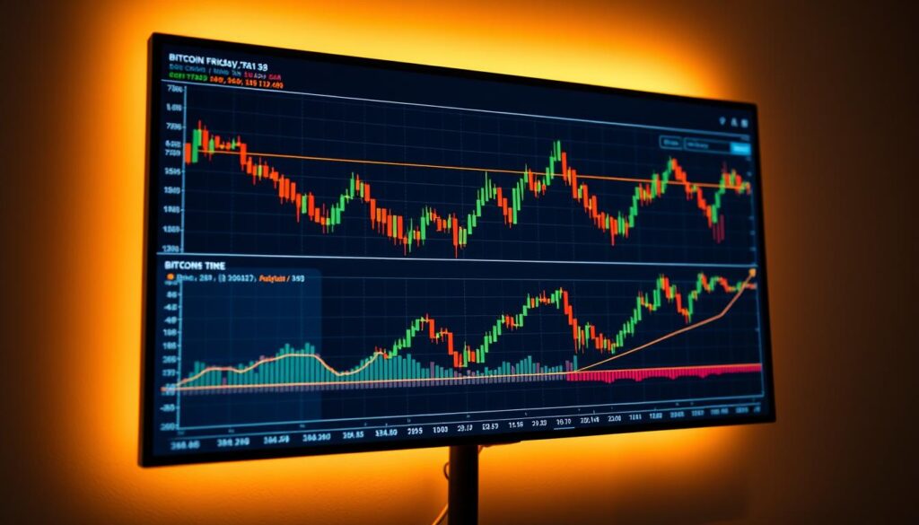 A detailed set of candlestick charts displayed on a high-resolution digital display, with a clean, minimal background. The charts showcase various Bitcoin price patterns over different time frames, illuminated by soft, warm lighting that casts a subtle glow. The charts are rendered with a high level of detail, allowing for clear analysis of the candles' size, shape, and positioning. The overall scene conveys a sense of focus and professionalism, suitable for an article on Bitcoin technical analysis.