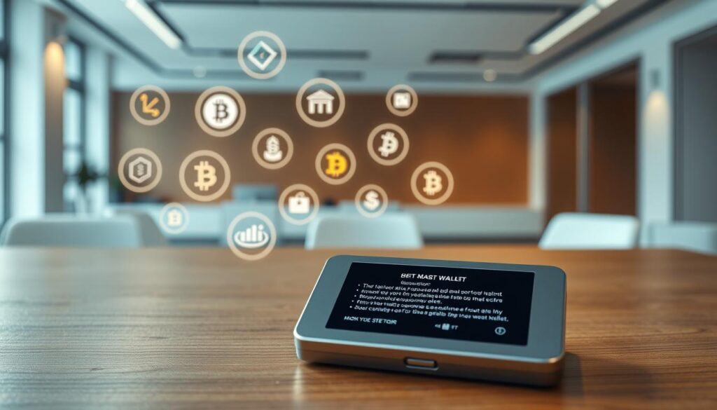 A detailed, step-by-step guide for setting up a secure hardware wallet. In the foreground, a sleek, metal hardware wallet device rests on a wooden desk, its display showing instructions for initialization. In the middle ground, various cryptocurrencies and digital assets are represented by glowing icons floating around the wallet. The background depicts a minimalist, well-lit office space with clean lines and a neutral color palette, conveying a sense of professionalism and reliability. The overall scene exudes a calm, instructive atmosphere, guiding the viewer through the process of safeguarding digital assets with a hardware wallet.