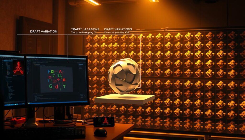 A detailed, step-by-step visualization of the generative art creation process. In the foreground, a digital artist's workstation with multiple windows open, showcasing different stages of the algorithmic trait generation. The middle ground features a 3D model of a digital art piece, rotating and shifting as the underlying algorithm refines it. In the background, a grid of draft variations, each with unique combinations of traits. The scene is bathed in a warm, focused lighting, creating a sense of concentrated creative energy. The overall atmosphere evokes the technical, iterative nature of building a robust generative art system.