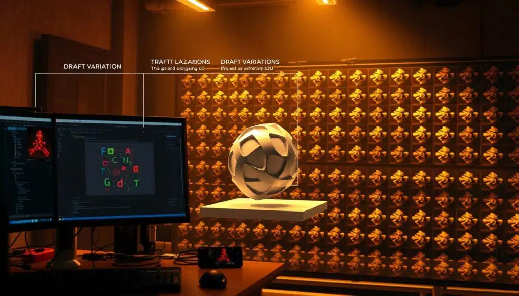 A detailed, step-by-step visualization of the generative art creation process. In the foreground, a digital artist's workstation with multiple windows open, showcasing different stages of the algorithmic trait generation. The middle ground features a 3D model of a digital art piece, rotating and shifting as the underlying algorithm refines it. In the background, a grid of draft variations, each with unique combinations of traits. The scene is bathed in a warm, focused lighting, creating a sense of concentrated creative energy. The overall atmosphere evokes the technical, iterative nature of building a robust generative art system.