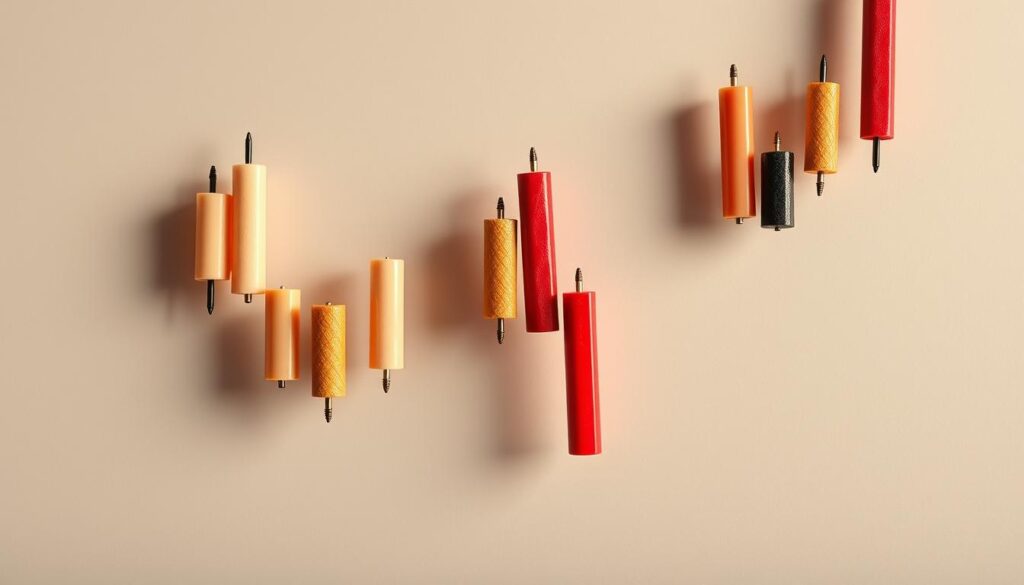 A detailed still life composition of candlestick patterns against a neutral, muted background. The candlesticks are rendered with meticulous precision, capturing their characteristic shape, wick, and color variations. The lighting is soft and diffused, creating subtle shadows and highlights that accentuate the textural qualities of the candlesticks. The composition is balanced, with the candlesticks arranged in a visually pleasing manner, suggesting the patterns and trends that can be identified in crypto market charts. The overall mood is one of calm contemplation, inviting the viewer to study the candlestick formations and interpret the underlying market dynamics.