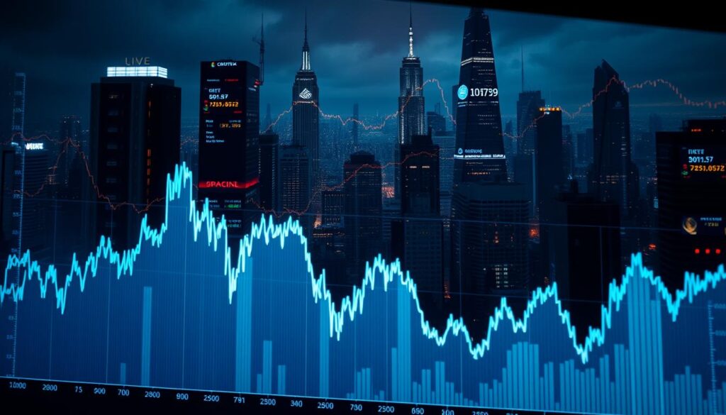 A detailed stock chart depicting cryptocurrency price volatility analysis. In the foreground, a large digital display shows a line graph with sharp spikes and dips, illustrating the dynamic nature of crypto market prices. In the middle ground, a transparent overlay of financial data and analytics dashboards provides deeper insights into the trends. The background features a dimly lit, futuristic cityscape with towering skyscrapers, neon lights, and a sense of technological advancement. Dramatic lighting casts dynamic shadows, creating an atmosphere of intensity and high-stakes decision making. The overall scene conveys the complexity and fast-paced fluctuations inherent in the cryptocurrency market, shaped by the influential actions of whales.