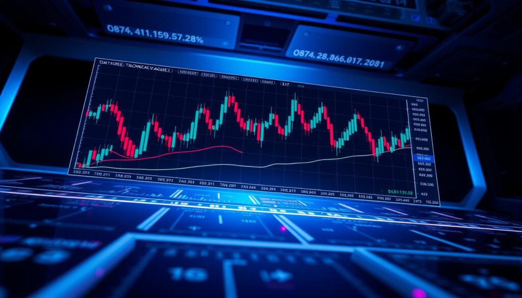 A detailed technical chart with candlestick patterns, moving averages, and technical indicators floating above a sleek futuristic interface. The data visualization is set against a dimly lit, metallic background with subtle blue and purple hues, conveying a sense of complexity and analytical depth. The chart is viewed from a dramatic low angle, emphasizing the precision and authority of technical analysis. Crisp lighting accentuates the sharp lines and angles, while the overall composition suggests the rigorous, data-driven nature of this investment approach.