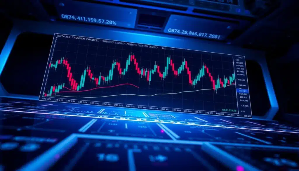 A detailed technical chart with candlestick patterns, moving averages, and technical indicators floating above a sleek futuristic interface. The data visualization is set against a dimly lit, metallic background with subtle blue and purple hues, conveying a sense of complexity and analytical depth. The chart is viewed from a dramatic low angle, emphasizing the precision and authority of technical analysis. Crisp lighting accentuates the sharp lines and angles, while the overall composition suggests the rigorous, data-driven nature of this investment approach.